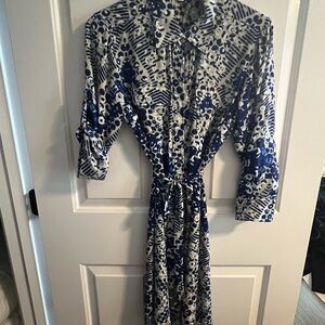 CAbi Blue and Cream Patterned Shirt Dress